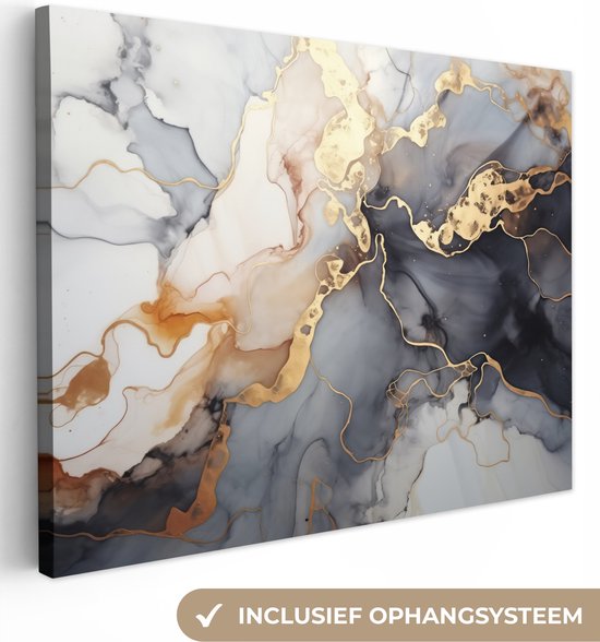 Canvas schilderij 80x60 cm - Marmer zwart wit goud - Kamer decoratie accessoires - Schilderijen woonkamer - Wanddecoratie slaapkamer - Muurdecoratie keuken - Wanddoek interieur binnen - Woondecoratie huis