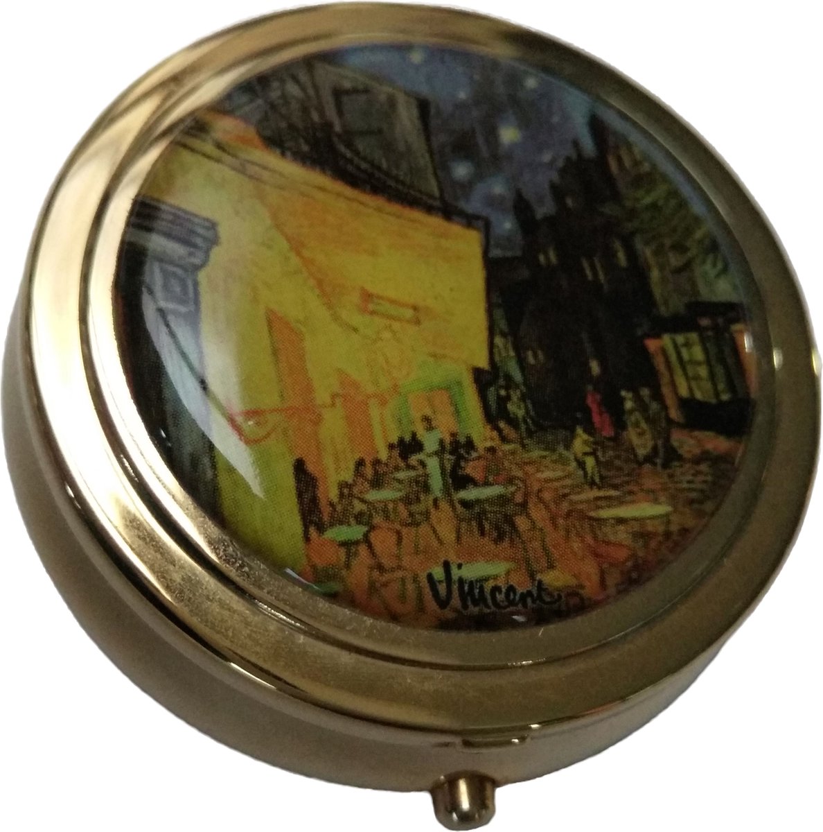 Goedkoopste pillendoosje messing verguld met spiegeltje- cafe vincent van gogh,
