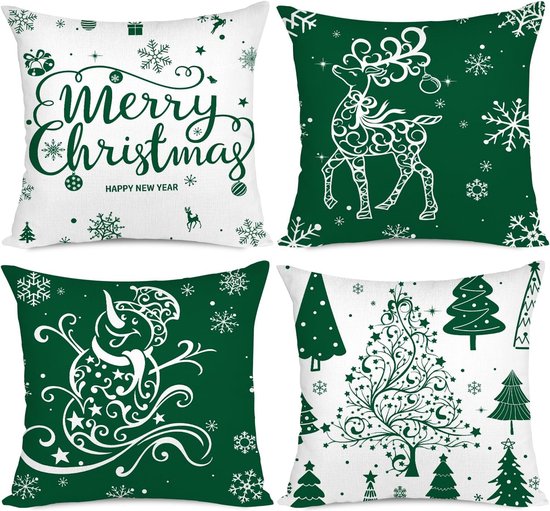 Kerstkussenovertrekken 50 x 50 cm, set van 4 kerstdecoratie bomen, hert, sneeuwpop, vrolijk kerstfeest, decoratieve vakantie, boerderij, kussenslopen voor vakantie, kerstdecoratie (groen)