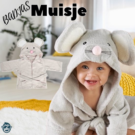 BoefieBoef Muis Kinder Badjas Baby & Peuter 0-2 Jaar (Max 85 cm) – Zacht Katoen Badstof met Dieren Capuchon – Absorberende Ochtendjas Handdoek voor Jongens & Meisjes – Zwemles, Carnaval, Verjaardag & Kraamcadeau – Perfect na Bad & Zwemmen - Grijs — afbeelding 4