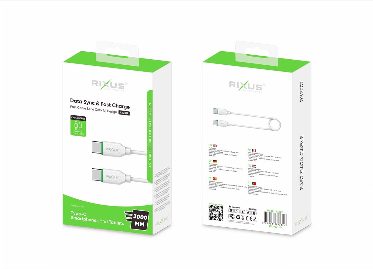 Rixus - 3 meter USB-C naar USB-C kabel - 100 Watt USB 3.1 Extra Duurzaam - Snellader voor o.a. Samsung, MacBook, iPhone 15, iPad Pro - wit/groen