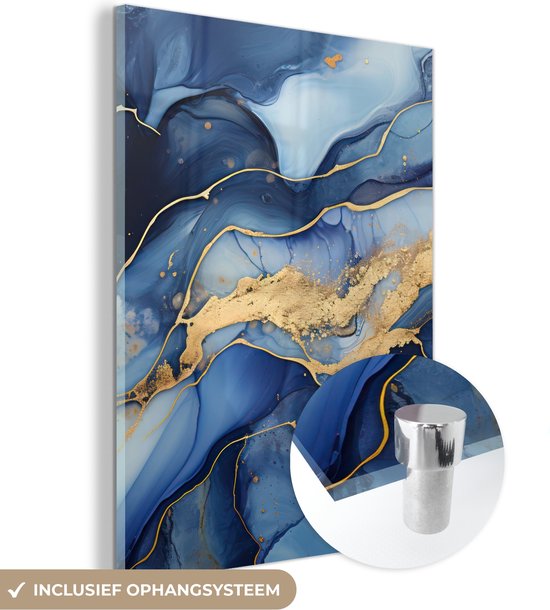 MuchoWow® Peinture sur verre 60x80 cm - Peinture sur verre acrylique - Marbre - Blauw - Or - Abstrait - Photo sur verre - Peintures