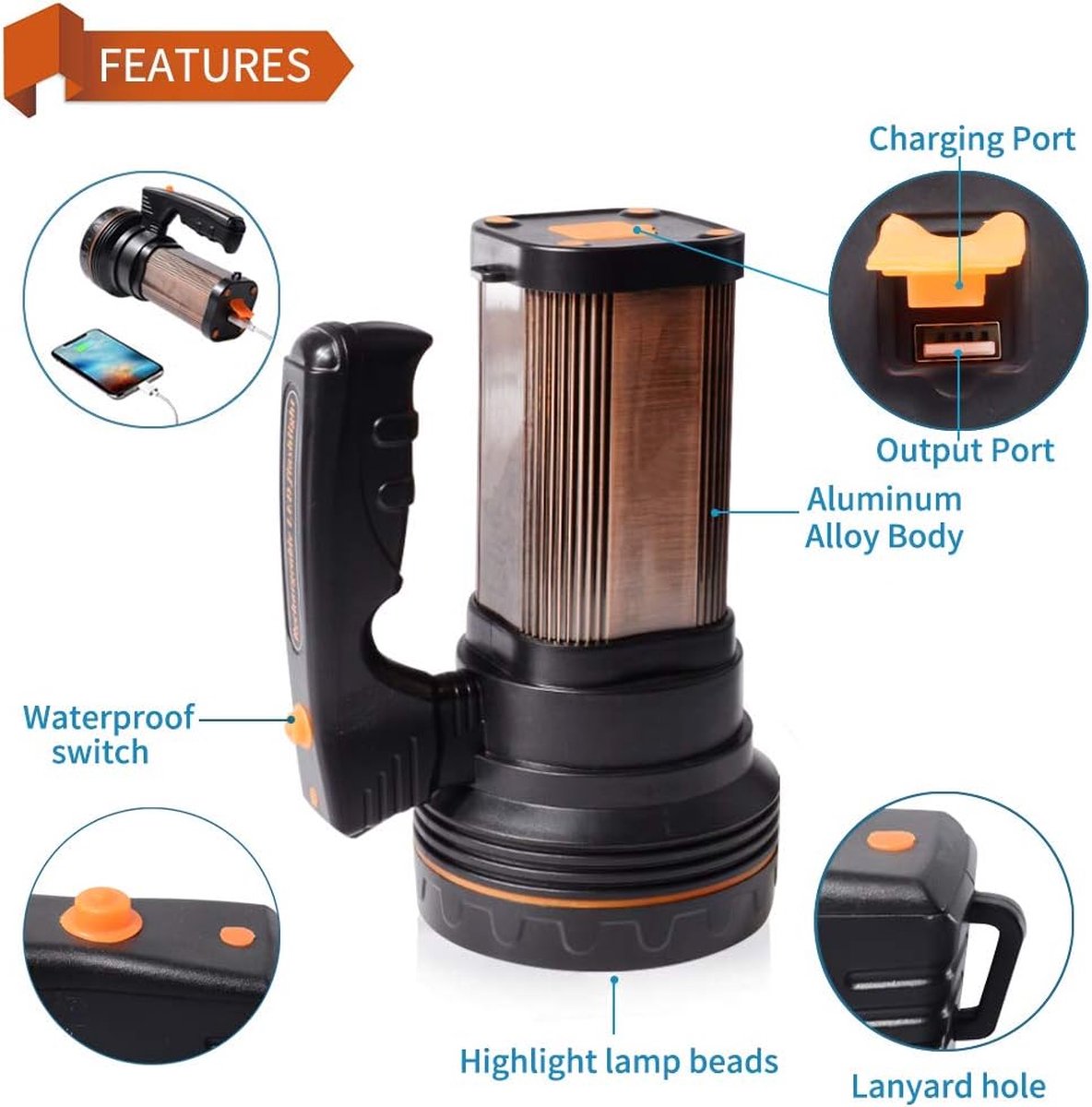 Lampe rechargeable puissante 9000 lumens