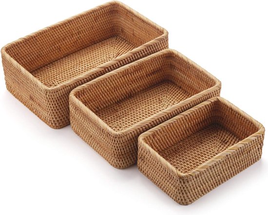 Rechthoekige Rotan Opbergmand, Rieten Fruitmand, Natuurlijke Gevlochten Organisator Voor Keukeneetkamer Set Van 3