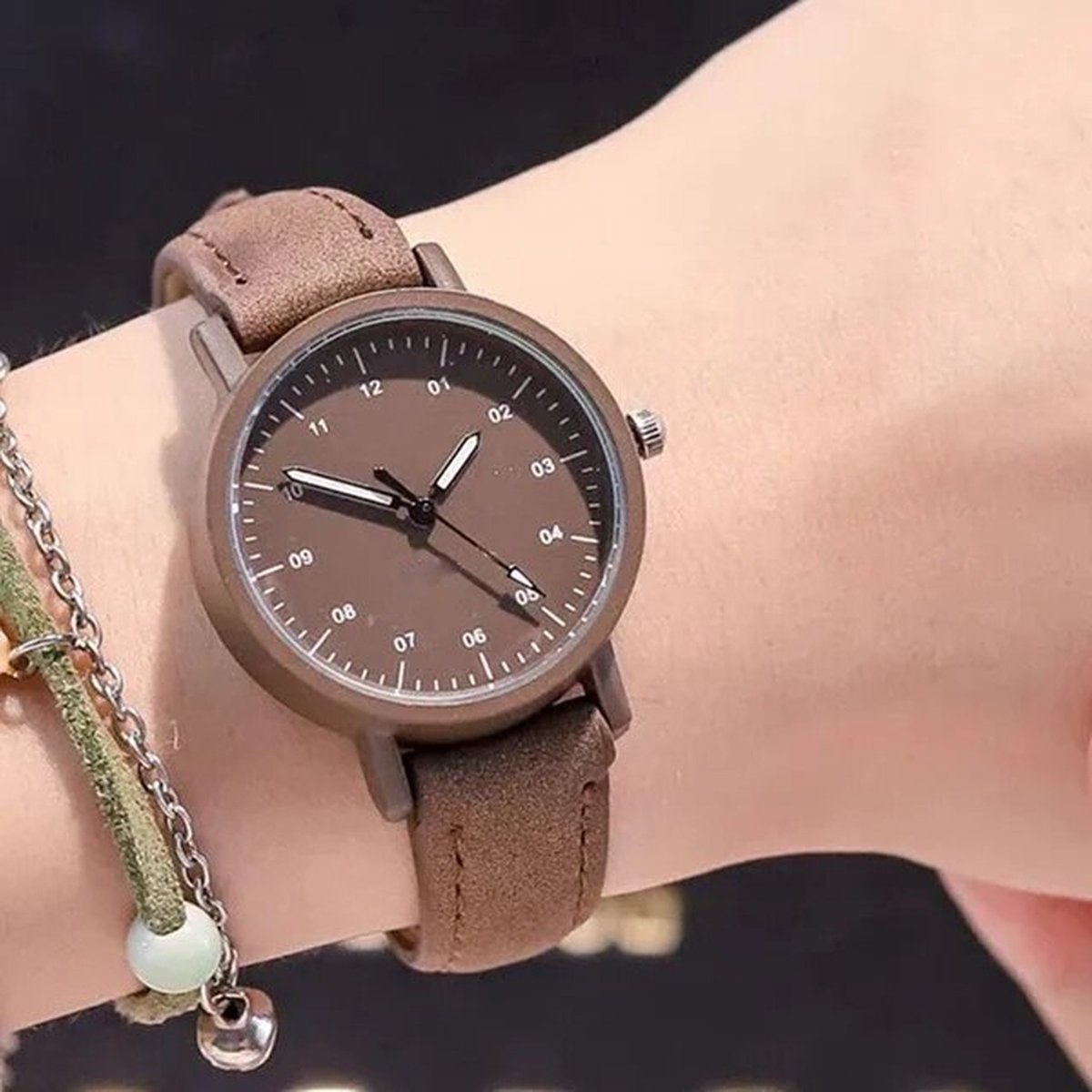 POWERZ ® Design horloge, Rond , bruin.