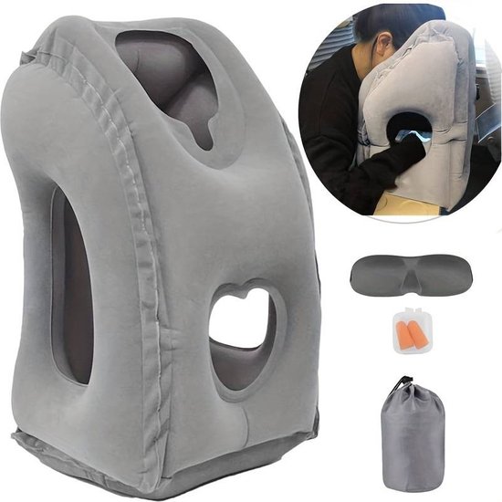 Foto: Travelbuddy grijs opblaasbare travel pillow voor vliegtuig auto en bus kantoor reiskussen met handige opbergzak nekkussen