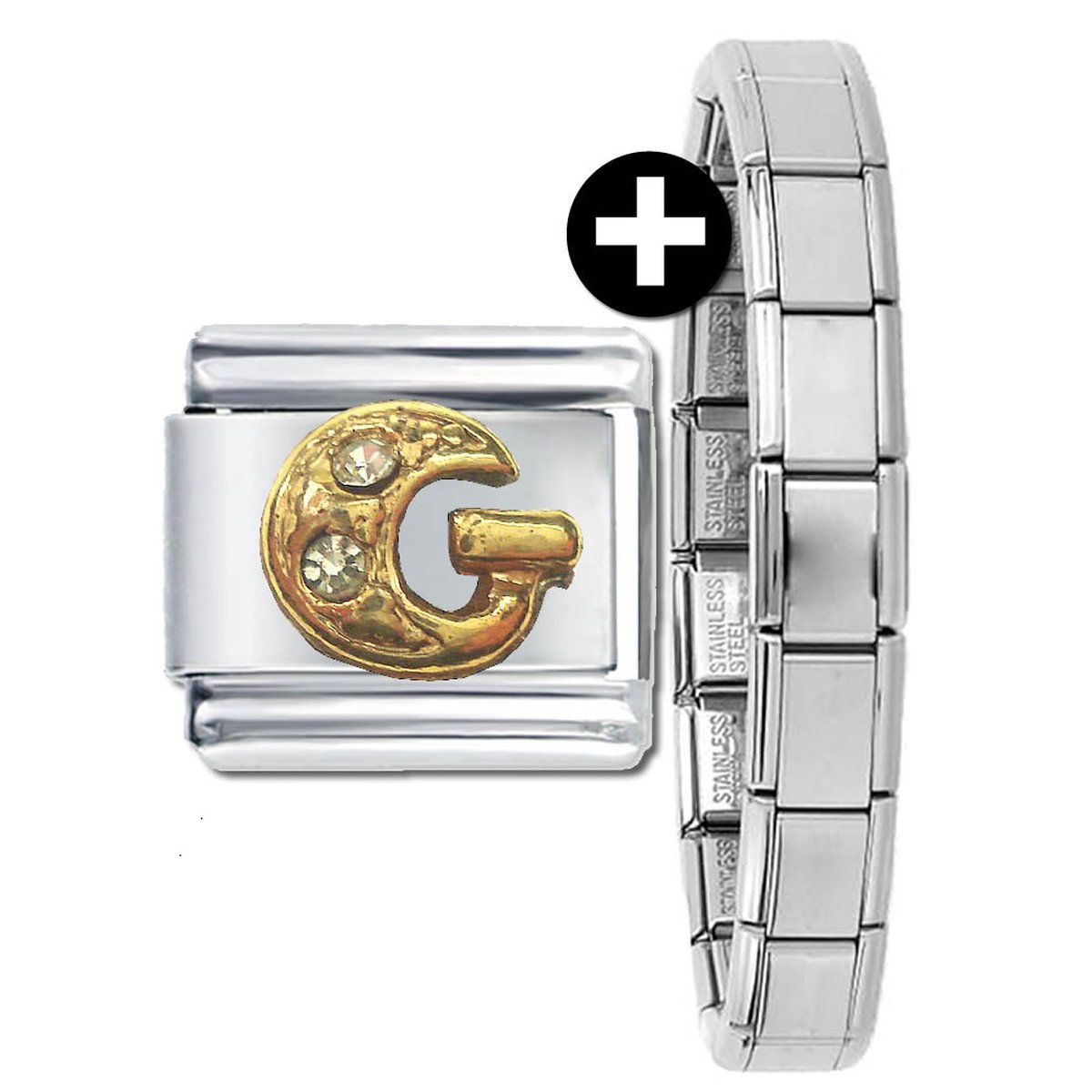 Schakel - Bedel - Letter G - Plus Armband - met strass - 9mm- Passend op Nomination armband - Plated