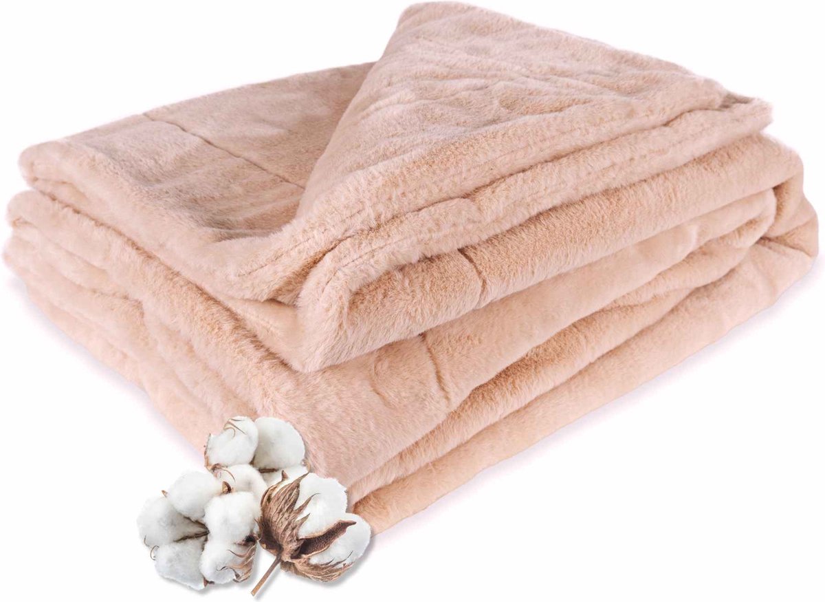 DecoSence® Plaid Bont 155x220 cm - Deken Imitatiebont - Deken Faux Fur - Fleece Plaid - Abrikoos - Fleece Deken -Heerlijk als Dekbed