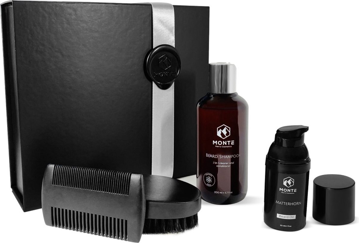 MONTE - Baardverzorging Giftset M Matterhorn - 4-delig - Baardshampoo+ [200ml] - Baardolie [30ml] - Baardkam - Baardborstel - Baardverzorgingset - Geschenkset mannen - Beard Care - Subtiele fris-citrusachtige geur - Vaderdag cadeau voor man met baard