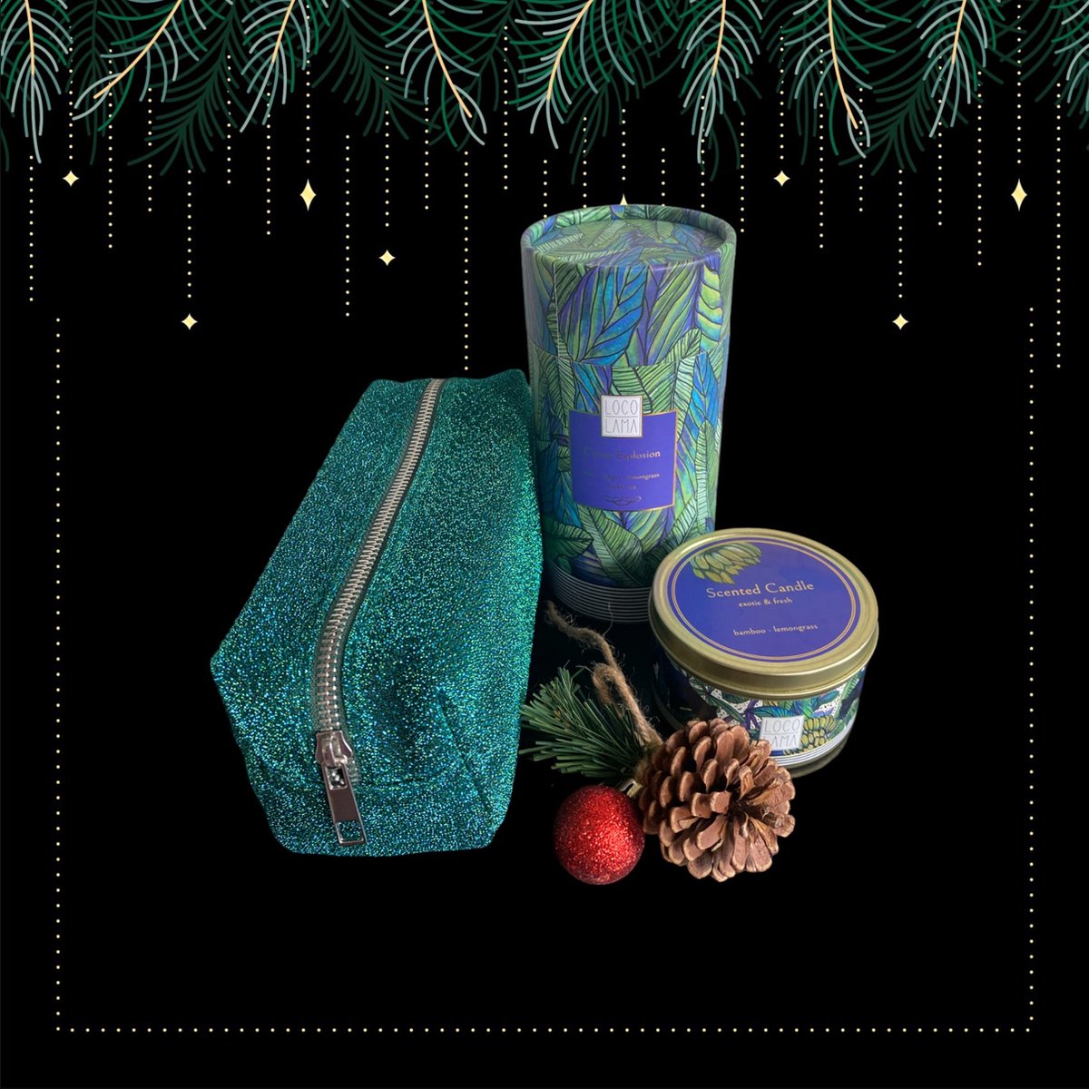 Kerst giftbox -makeup-tas - Heerlijk met ginger -lemongrass-Scented Candle-bamboo- lemongrass -Kerst cadeau-