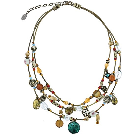 Behave Collier court femme - vert bronze - 40 cm de long - chaîne superposée 3 rangs - époxy, pendentifs et perles