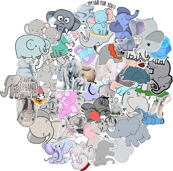 Olifanten Stickers | 50 stickers - voor laptop, ipad, kinderkamer, schrift, muur etc. Geschikt voor kinderen