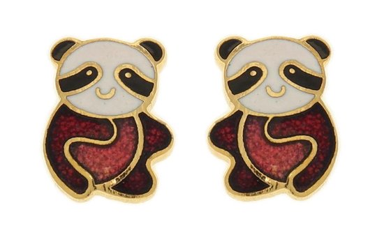 Behave Oorbellen oorstekers panda goud kleur met zwart wit en rood emaille 1cm