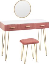 Woltu Roze Kaptafel met spiegel en krukje - Make up tafel - Spiegel met opbergruimte - Fluweel Roze - Slaapkamer accessoire