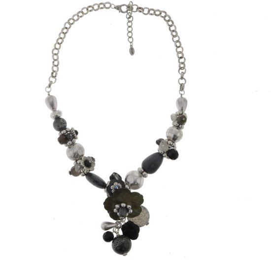 Behave Ketting - dames - zilver kleur - zwart - decoratieve kralen - bloemen - natuursteen - 63 cm