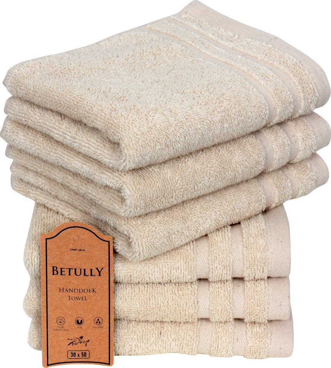 VeehausBetully - Handdoeken 30 x 50 cm - set van 6 - Hotelkwaliteit – Zware kwaliteit 500 g/m2 Natuur Creme