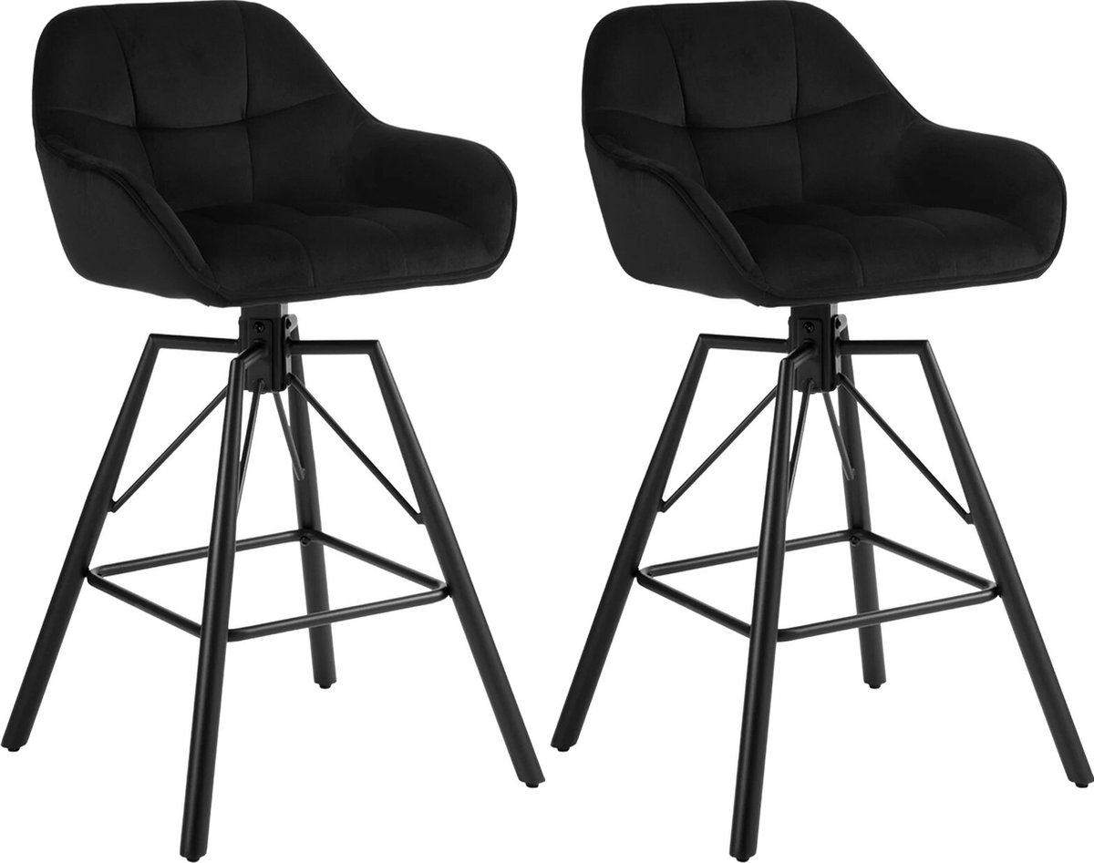 BukkitBow - Hoge Luxe Barkrukken Velvet / Vluweel - Met rugleuning en Armleuning met Strepen Patroon en Voetensteun - 360 Graden Draaibaar - Set van 2 Stuks - Zwart