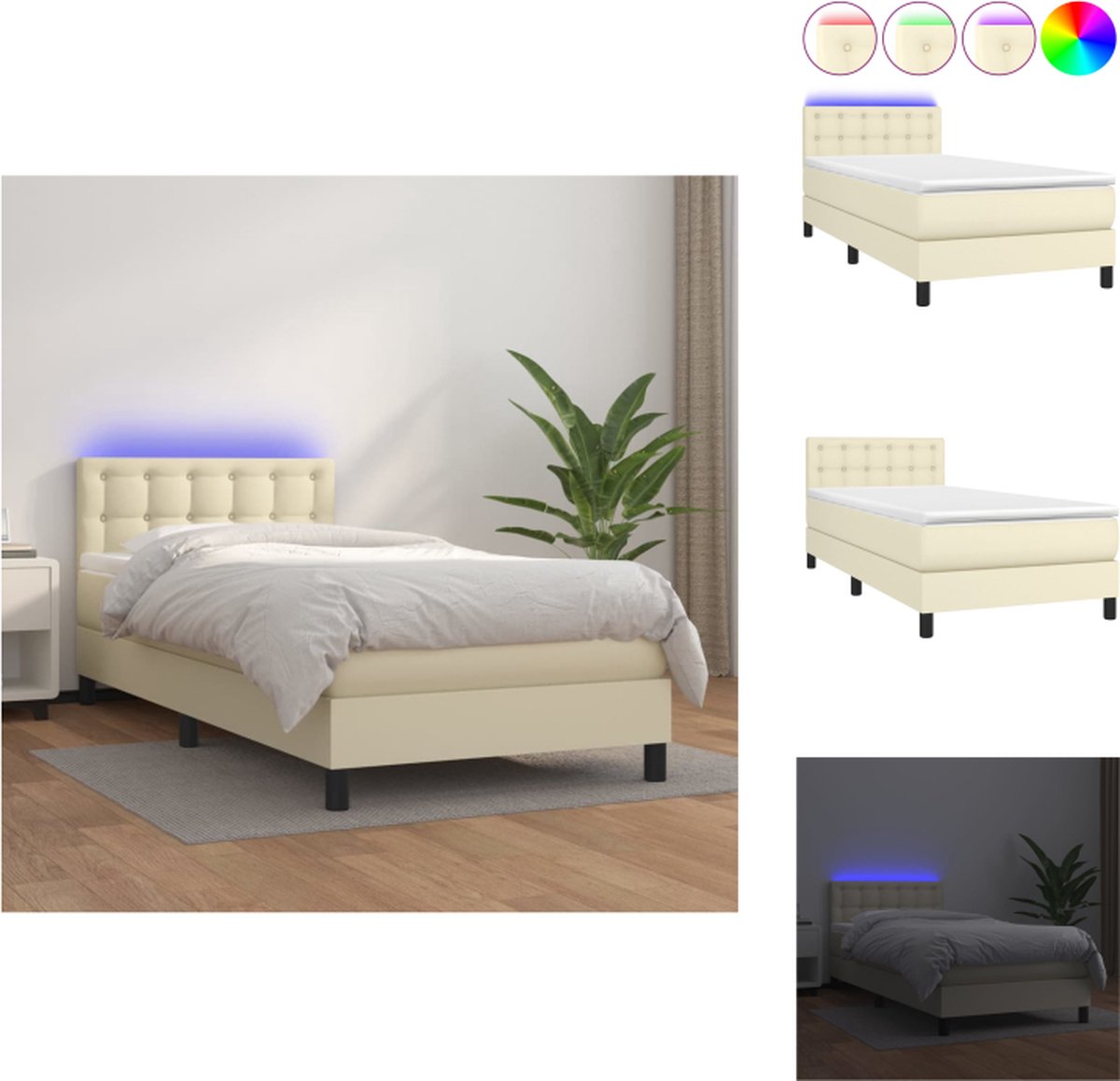 VidaXL Boxspring Bed Crème Kunstleer 90 x 200 cm Met LED Bed