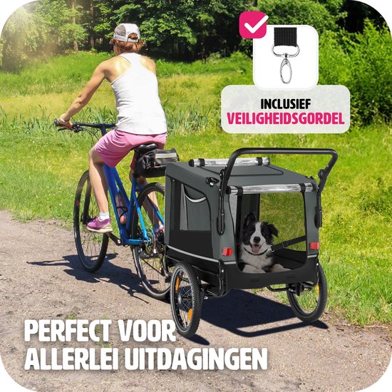 Vrouw fietst met grijze hondenfietskar met een zittende hond. Inclusief tekst "PERFECT VOOR ALLERLEI UITDAGINGEN".
