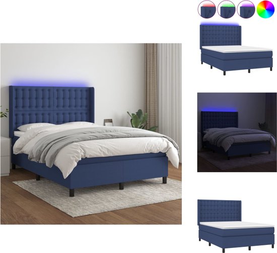 vidaXL Boxspring Bed - Pocketvering Matras - LED - 140x200 cm (Blauw) - Bed