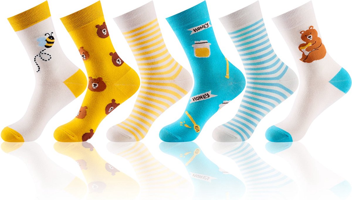 Monfoot - Grappige sokken - Vrolijke Kleurrijke Warme Honing Sokken - Unisex - 6 Paar - Maat 36-38 - Honing Patroon - Perfect Cadeau