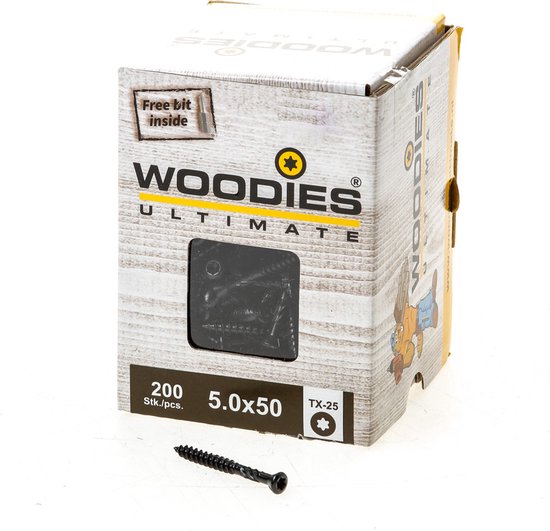 WOODIES® Ultimate Potdekselschroef Torx RVS A1 Zwart 5x50 Deeldraad VE=200 - 61971401