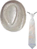 Carnaval verkleed set - hoedje en stropdas - zilver - dames/heren - glimmende verkleedkleding