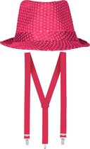 Toppers - Carnaval verkleed set - hoedje en bretels - fuchsia roze - dames/heren