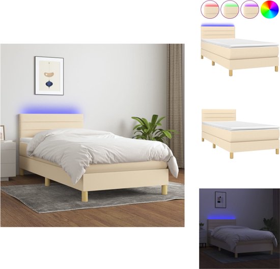 vidaXL Boxspring Bed - Crème - 193 x 90 x 78/88 cm - Verstelbaar hoofdbord - Kleurrijke LED-verlichting - Pocketvering matras - Huidvriendelijk topmatras - Inclusief montagehandleiding en LED-strip - Bed