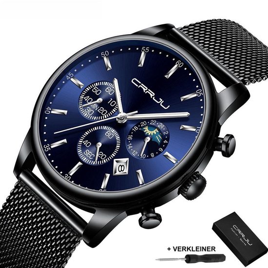 CRRJU - Horloge Heren - Cadeau voor Man - 42 mm - Zwart Blauw Zilver
