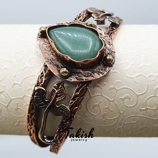 Ambachtelijke Puur Koperen Armband met Groene Agaat Steen – Sieraad voor Positieve Energieverstelbaar,17 cm lengte, 8 cm breedte, 40 g gewicht