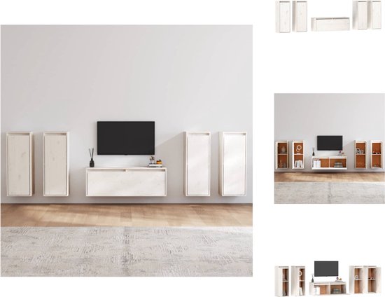 vidaXL Wandkasten - Massief grenenhout - Set van 5 - Wit - TV-meubel- 100x30x35cm - Hangkast- 30x30x80cm - Kast
