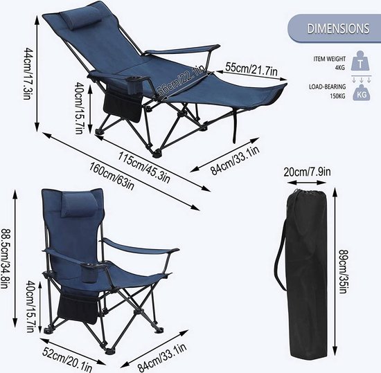BukkitBow - Luxe Uitgebreide Visstoel / Campingstoel - met Bekerhouder en Voetensteun - met Opbergvak en Hoge Belastbaarheid - Inklapbaar en met Reistas - Blauw van BukkitBow — afbeelding 3