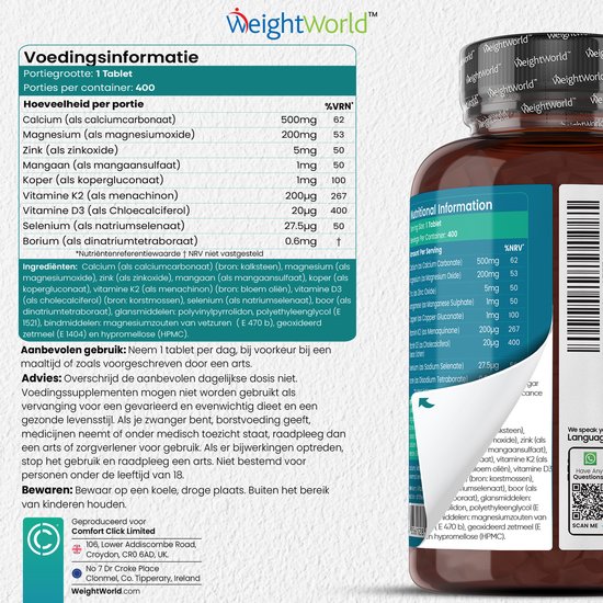 WeightWorld Calcium, Magnesium en Zink met vitamine D3 - 400 vegan tabletten voor meer dan 1 jaar voorraad - Weight World