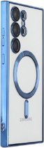 Hoesje Geschikt voor Galaxy S23 Ultra silicone Back cover met lenzbeschermer/magneet case Telefoonhoesje/transparant met Blauw randen