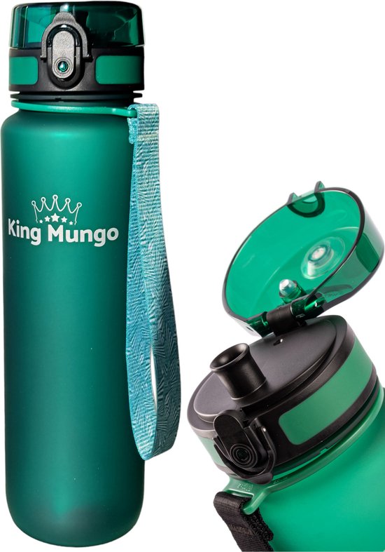Donkergroene King Mungo drinkfles met een draaglus en een opengeschoven deksel.