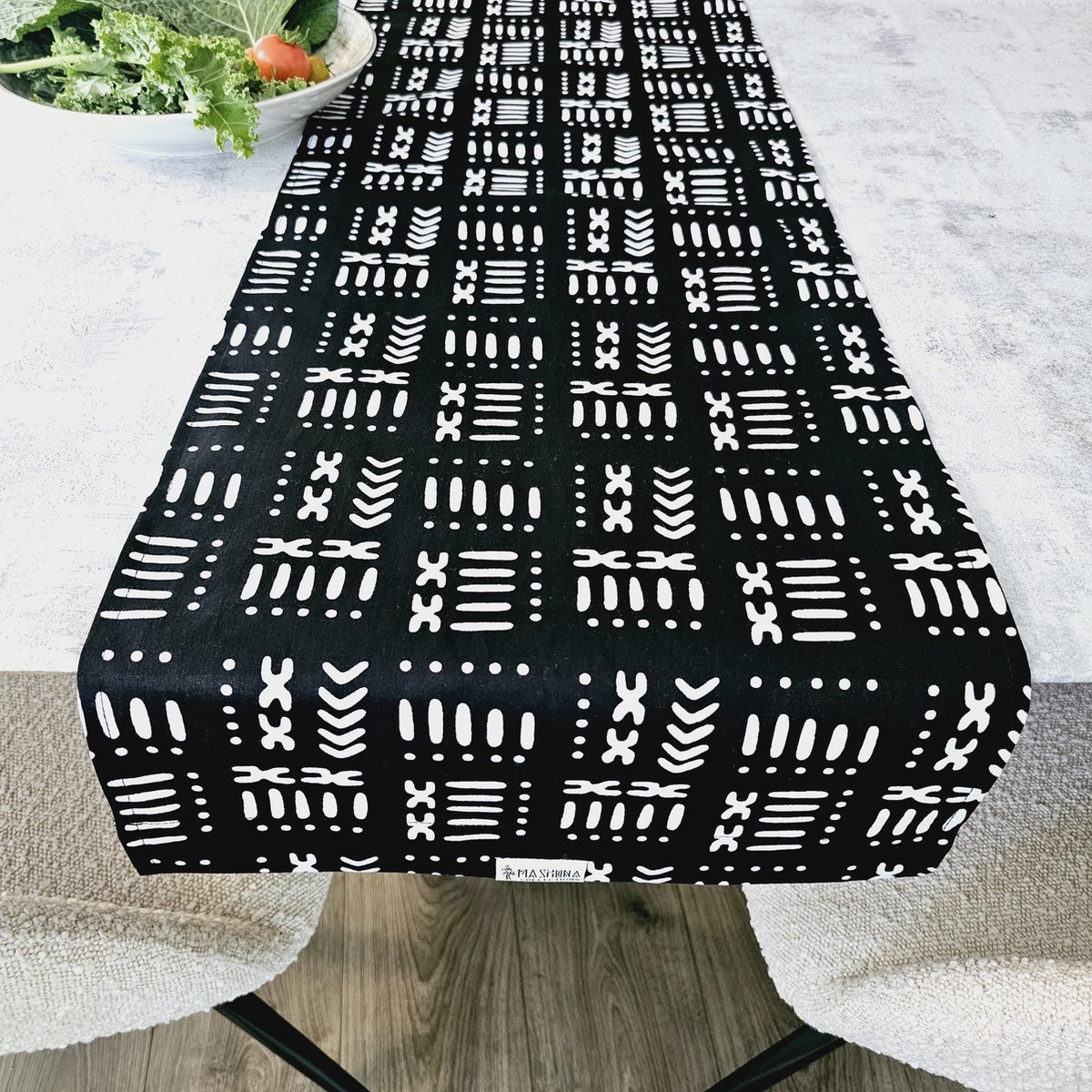 Tafelloper | 160x35cm | Handgemaakte Afrikaanse Print "Mudcloth" Bogolan Geïnspireerde Print Tafelloper Gemaakt van 100% Afrikaanse Print Stof