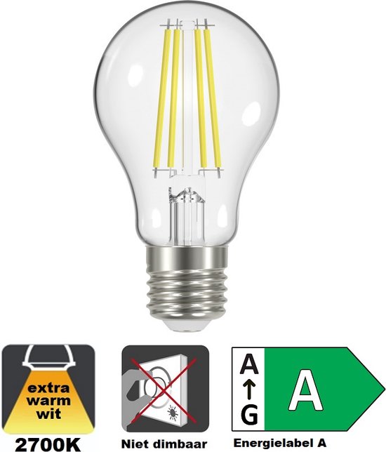 Integral LED - E27 LED filament lamp - 3,8 watt - 2700K - 806 lumen - Clear cover - Niet dimbaar - Energielabel A