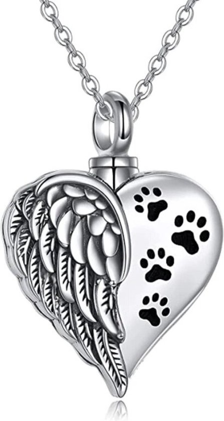 Zoëies as ketting hond met poot afdrukken en engelen vleugel in hart vorm zilverkleurig - urn - gedenkhander