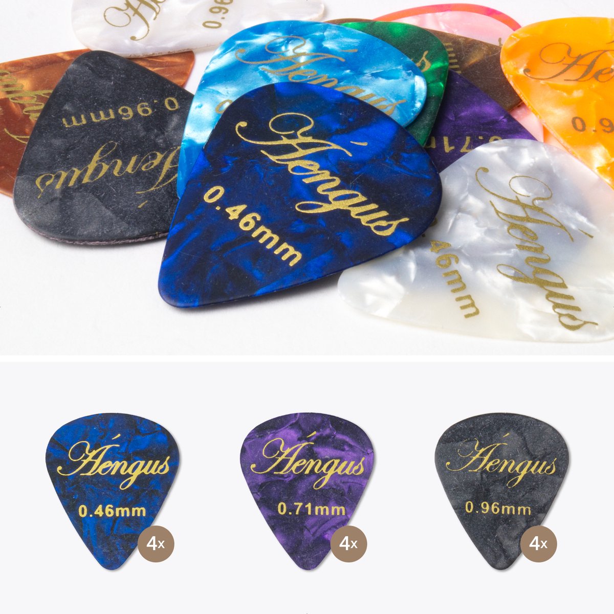 LEEQ Plectrum, gitaarplectrums, 0,46 / 0,71 / 1,00 / 1,20 mm, 4 verschillende diktes, verschillende kleurrijke celluloid gitaar, plectrum voor bas, elektrische gitaar, akoestische gitaar, ukelele-24