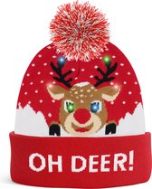 JAP Kerstmuts met gekleurde lichtjes - 3 verlichting standen - Kerst LED beanie voor volwassenen en kinderen - Rudolf het rendier muts met lampjes - Oh deer - Rood