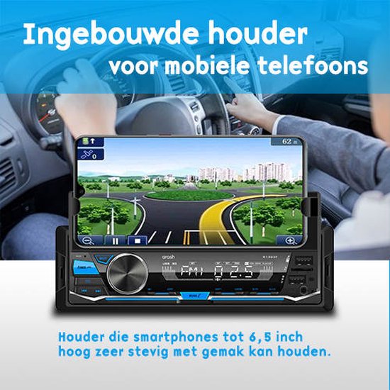 Autoradio met telefoonhouder, die een smartphone met navigatie-app toont terwijl deze in een auto wordt gereden.