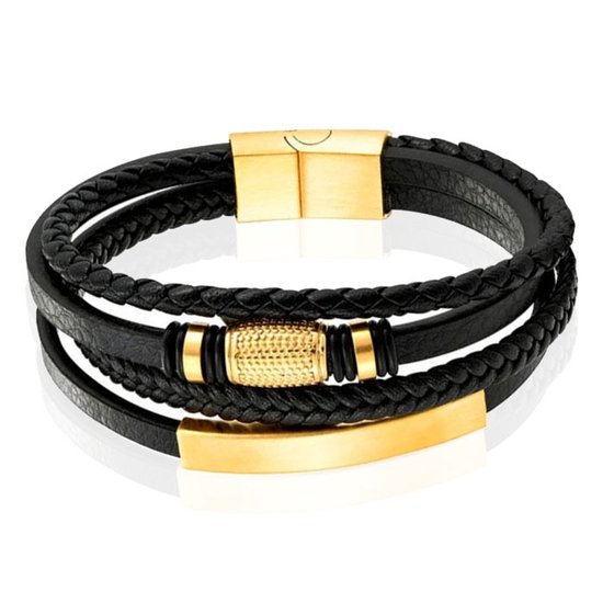 Foto: Mendes jewelry heren armband van roestvrijstaal en echt leder luxe zwart met gouden elementen 21cm