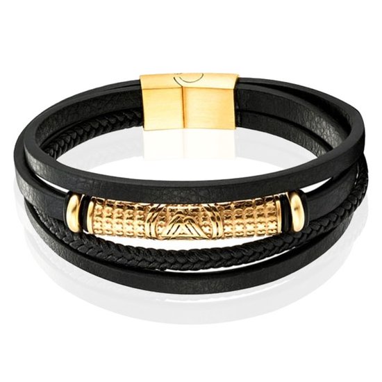 Foto: Mendes jewelry heren armband stijlvol zwart leder met goudaccenten 21cm