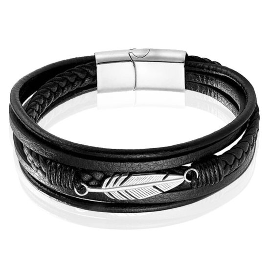 Mendes Jewelry Heren Armband - Stoer Zwart Leder met Bladvormige Stalen Bedel