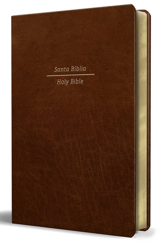 Bible en cuir marron avec le texte "Santa Biblia Holy Bible" en lettres dorées.