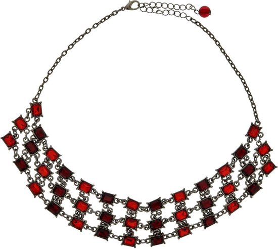 Behave Korte zilver-kleurige ketting met rode stenen hanger