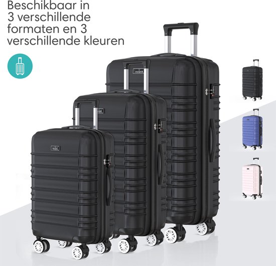 Drie zwarte koffers van verschillende maten naast elkaar. Rechts een selectie van beschikbare kleuren: zwart, blauw en roze.
