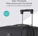 Close-up van de bovenkant van een zwarte koffer, met de uitschuifbare handgreep. Tekst: 'Zeer Flexibele Polycarbonaat Hardshell', Hoge duurzaamheid & laag gewicht.