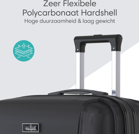 Close-up van de bovenkant van een zwarte koffer, met de uitschuifbare handgreep. Tekst: 'Zeer Flexibele Polycarbonaat Hardshell', Hoge duurzaamheid & laag gewicht.